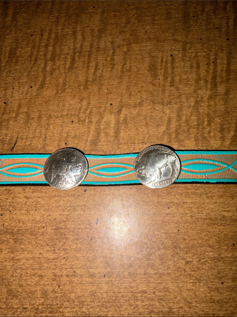 Conch buffalo and Indian turquoise and tan on a real leather bracelet handmade.